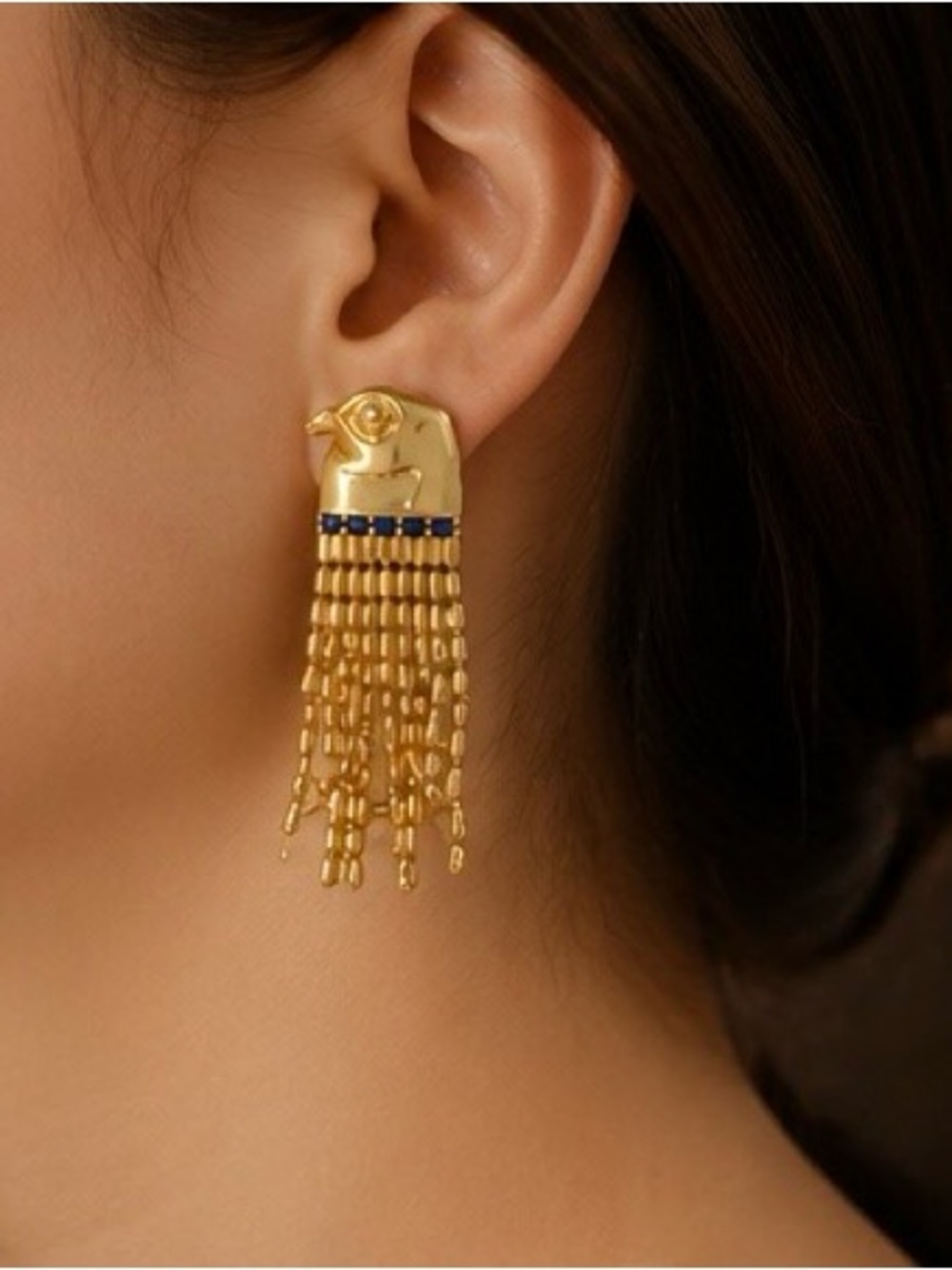 Anthropologie Gold Fringe Earrings with Navy Accents